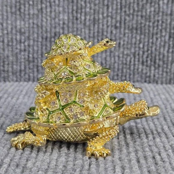 3 Stacked Turtle Trinket Box Jeweled Rhinestone Green Gold Enamel