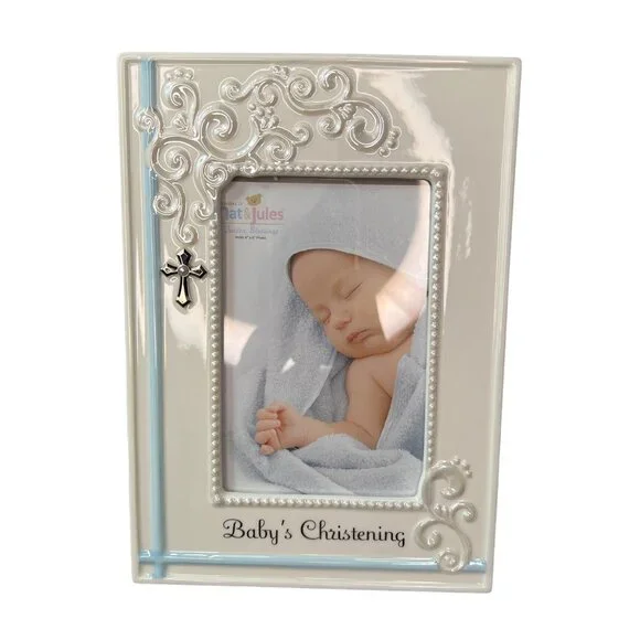 Demarco Nat & Jules Baby Boy Christening Picture Frame Ceramic With Cross Blue