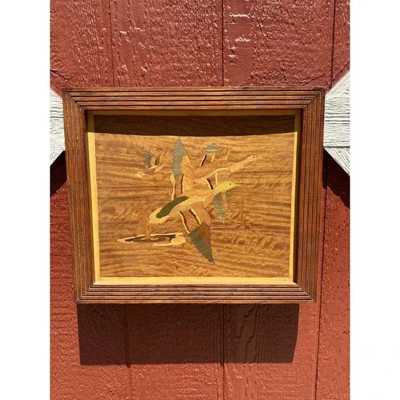 Mallard Duck Mid Century Modern Framed Wood Cut Out Inlay Wall Art 18''x 15.5''