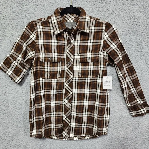 Pure Stuff Boys Button Brown Flannel Shirt Size 8‎ Large Long Sleeve NWT