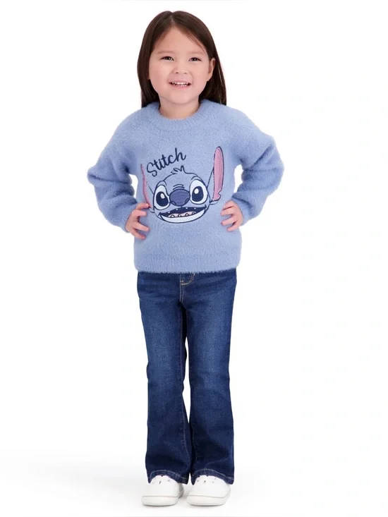 Disney Stitch Girls 3T Blue Fuzzy Sequin Pullover Sweater NWT
