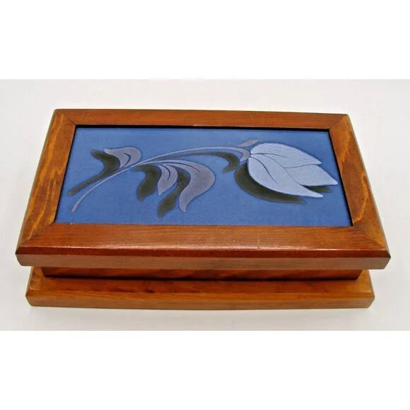 Wooden Jewelry Trinket Box Blue Flower Rose Design Enamel Inlay Hinged 9.5x5.5