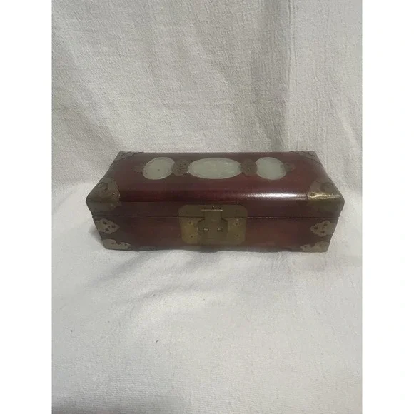 Vintage Shanghai China Rose Wood Jewelry Box Ornate Brass White Jade Silk Lined