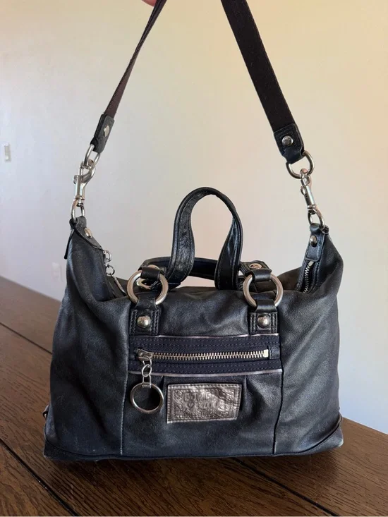 Coach Poppy Y2K Black Distressed Boston Satchel Double One-Shoulder Bag Silver