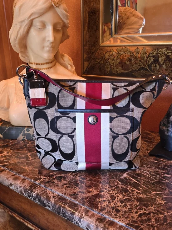 Coach Canvas Shoulder Bag in Red, Tan, Cream & Black. 14'W × 11' Tall.