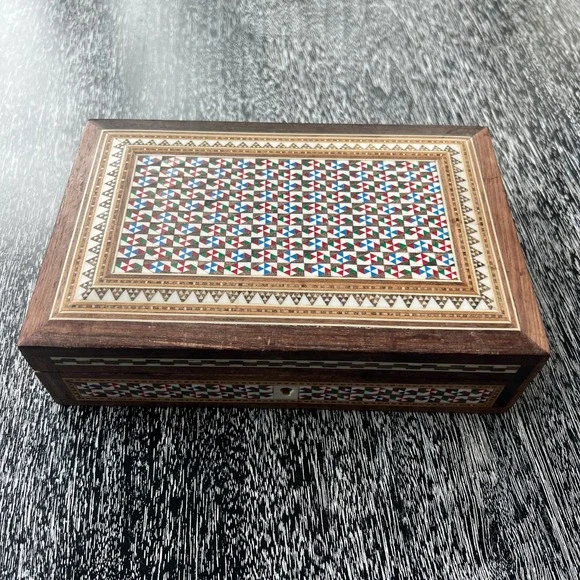 Vintage Wooden Marquetry Jewelry Box White, Red, Green,‎ Blue