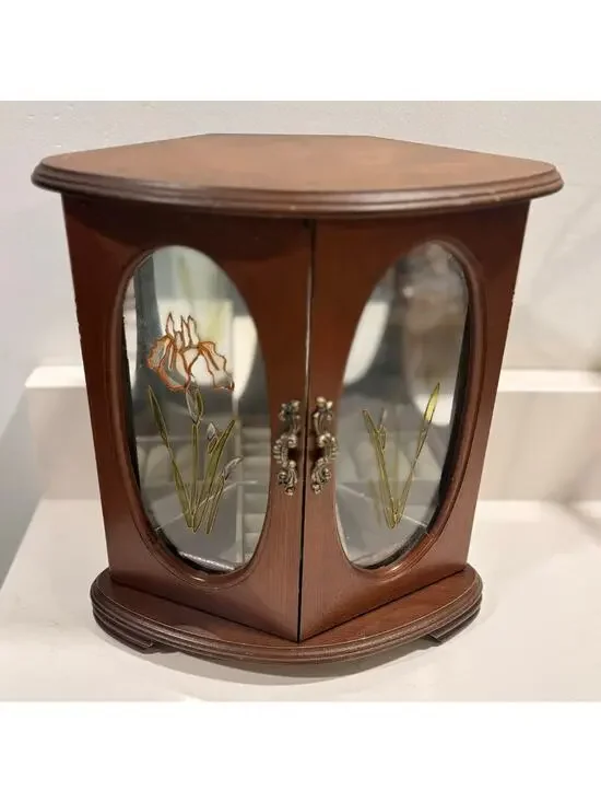 Vintage Wooden Jewelry Box Mirrored Interior Iris Glass Doors Trinket Case