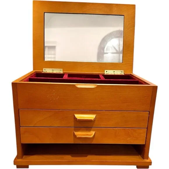 JEWELRY BOX BIRCH WOOD FELT LINED TWO DRAWER HINGED LID COMPARTMENT MIRROR