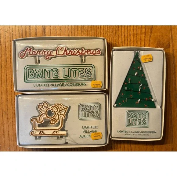 Lot 3 Brite Lites Dept 56 Lighted Village Accessories Merry Christmas Sled Tree