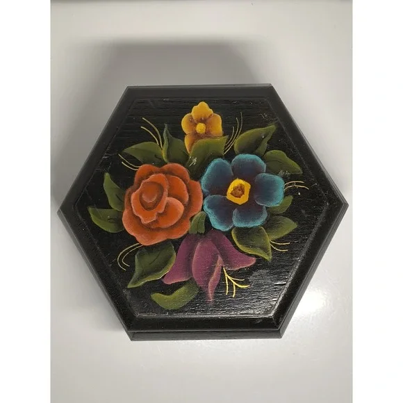 Vintage Black Wood Box Signed Hand Painted Flower Design ~ Jewelry Trinket Gift