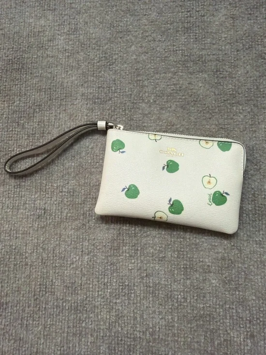 Coach Cream Wristlet with Green Apple Motif