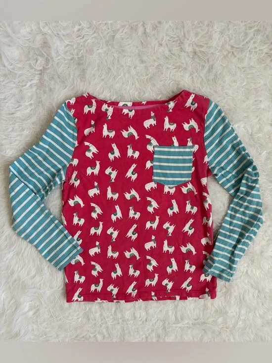 Mini Boden Pink Llama Print Long-Sleeve Top with Teal Stripe Sleeves