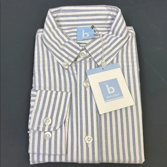Sz 12 Bella Bliss Boy's Blue Striped Shirt button up long sleeve 100% cotton