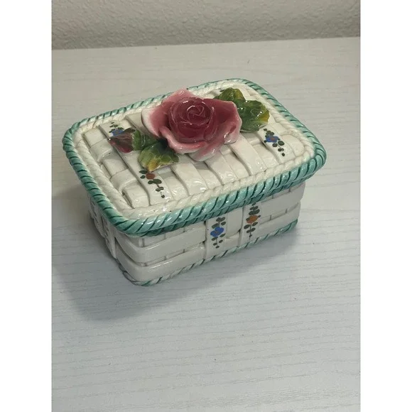 Vintage Italy Ceramic Rose Basket‎ Trinket Box Hand Painted Cottagecore Decor