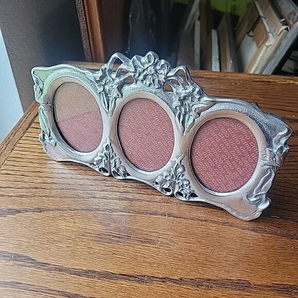 Vtg Art Nouveau Style Photo Frame Flowers 3 Oval Pictures Silver Cast Metal