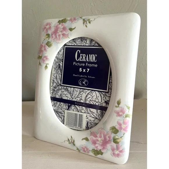 Vintage Ceramic Picture Frame White Pink Floral 5x7 Cottagecore Grannycore Sweet