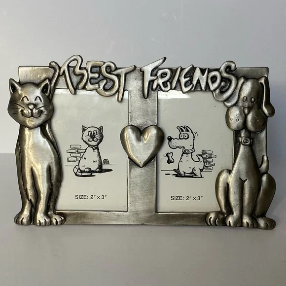 Cat & Dog Pewter Picture Frame 2 X 3” 2 Photos Best Friends Alex’s Outlook Pets