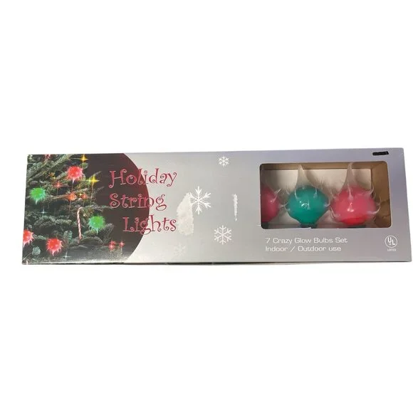 Holiday String Lights 7 Crazy Glow Bulbs Set Indoor/Outdoor Use
