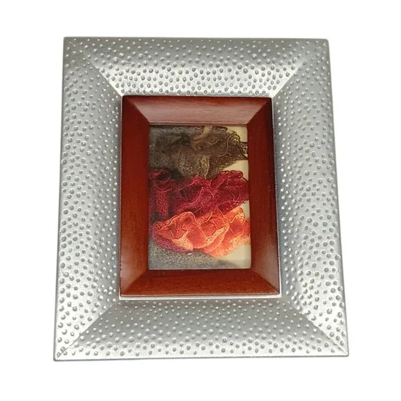 Silver Metal Hammered Pebbled Photo Frame W/ Wood Border 5x6 Photo 2x3 VTG Fetco