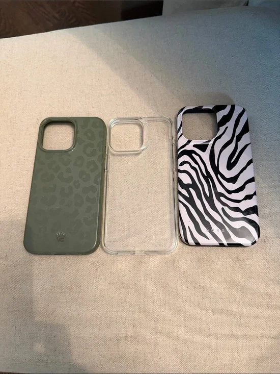 IPhone 15 plus case Bundle - Green Leopard, Clear, and Zebra Print Cases