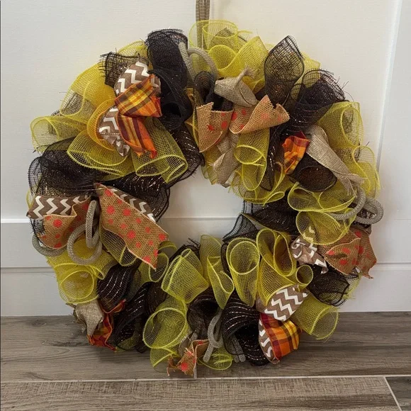 Fall Colorful Mesh Wreath with Ribbon Accents