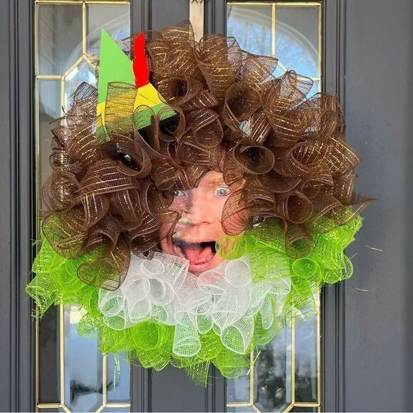 Buddy the Elf Festive Mesh Christmas Door Wreath with Green and Brown Accents