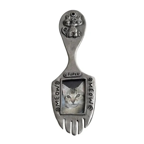 Vintage 1997 Cat Fork Metal Picture Frame Silver Pewter Meow Whimsical 6.5
