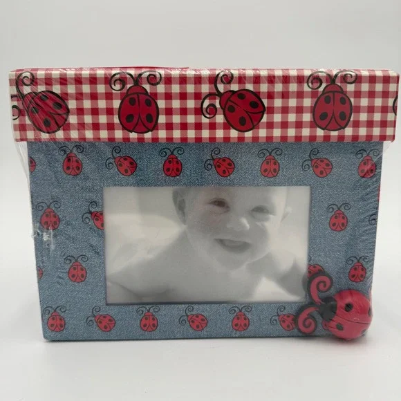 Vintage Ladybug Photo Box and Wooden Frame Set Red Gingham Denim Print New