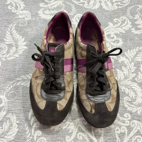 Coach Sneakers Womens Brown Tan Signature C Monogram Purple Stripe