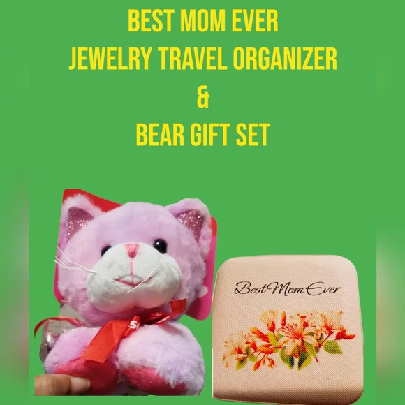 Best Mom Ever Small Travel Jewelry Box with a Free Pair of Earrings & Bear Set