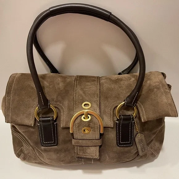 Coach Brown Suede Shoulder Bag with Gold Accents