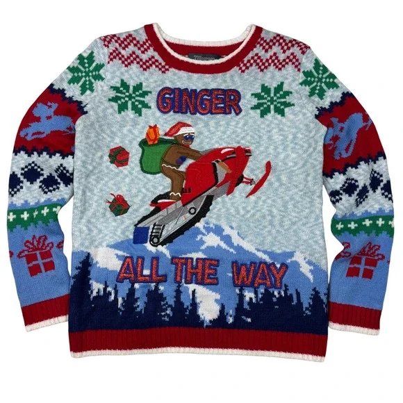 33 Degrees Gingerbread Man Snowmobile Ugly Christmas‎ Sweater Kids L 14 16 Gift
