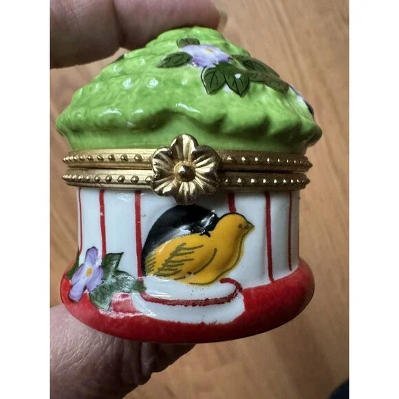 Ceramic Porcelain Trinket Box Flower Yellow‎ Bird Cage Round Dome Lidded Jewelry