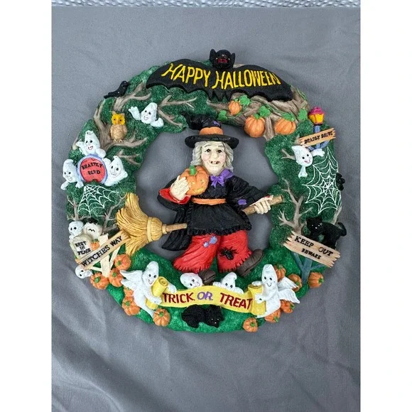 Jaimy Halloween Wreath Resin Witch Ghosts Pumpkins‎ Black Cats Owl Bat 12.5