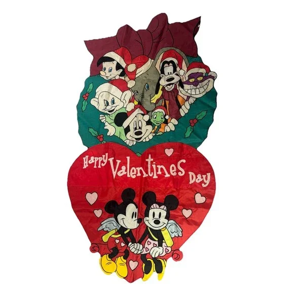 DISNEY Character Holidays Lot Of 2 Flags Christmas & Valentines LARGE YARD FLAG