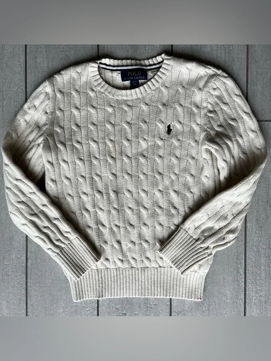 Polo Ralph Lauren Youth Cream Cotton Cable Knit Sweater Size Small 8 Cream Pony