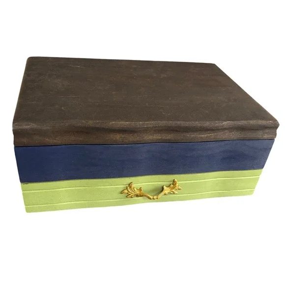Upcycled VTG Wooden Jewelry Box Large Hand Painted Color Block Keepsake Chest