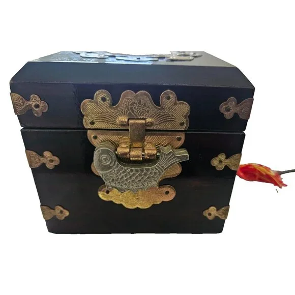 Vintage Chinese Lacquered Jewelry Box Brown and Gold with Koi Fish Lock and Key