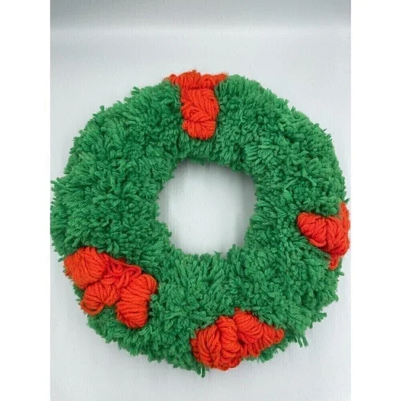 Vintage Handmade Green Crocheted Christmas Wreath Red Bow Holly Berries 14