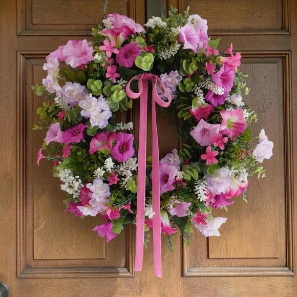 Purple Petunia Wreath, Spring, Summer Front Door, Whites, Housewarming Gift