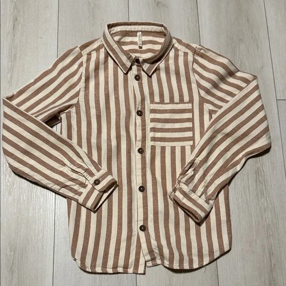 Rylee & Cru Striped Brown & Cream Boys Button-Up Shirt Long Sleeve size 12-14y