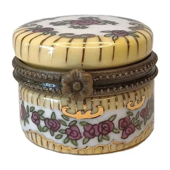 Vintage Hinged Trinket Pill Box Yellow With Pink Purple Flowers And Gold Detail