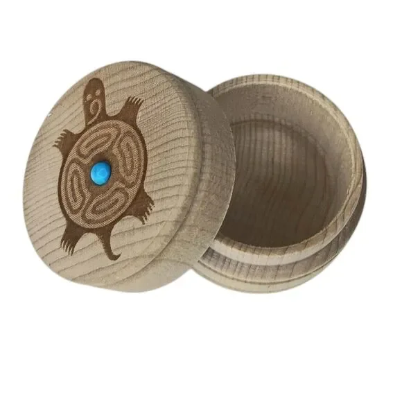 Small Round Carved Wood Turtle Trinket Ring Box Dreambox Turquoise Stone 1.5