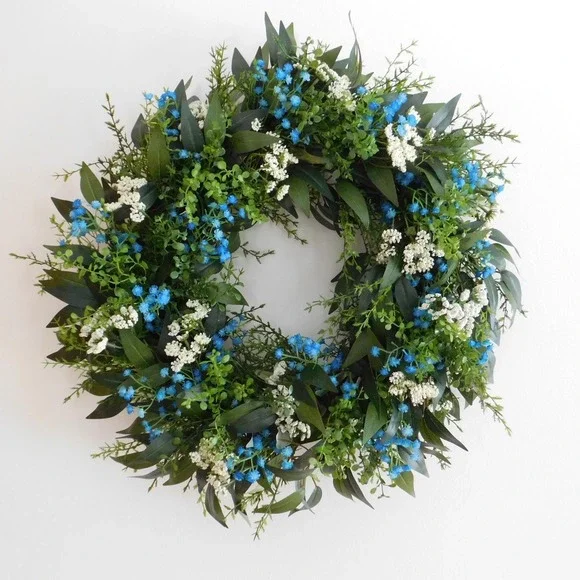 Artificial Year Round Greenery Wreath Blue‎ and White Flowers Housewarming Gift
