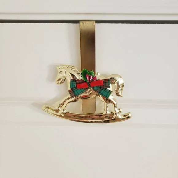 Vintage Rocking Horse Christmas Wreath Hanger Metal Gold Tone