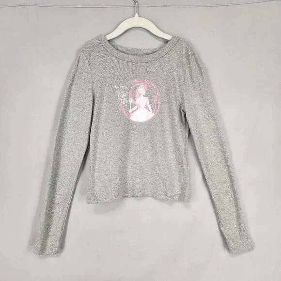 Wicked Long Sleeve Girls Graphic Tee Size Large Gray Pink Glinda Witch Oz Movie