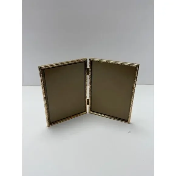 Vintage Gold Tone Double Picture Frame Hinged Folding Bi Fold Photo Display