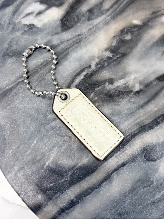 Coach Cream Leather Tag Keychain with Silver Ball Chain