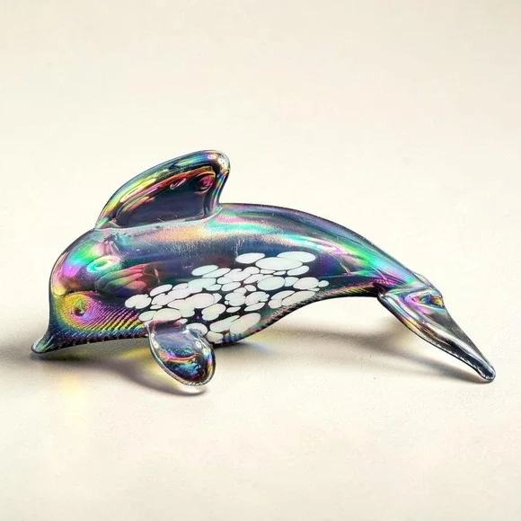 Pele of Hawaii Glass Iridescent Dolphin Figurine Carnival Glass White Spotted