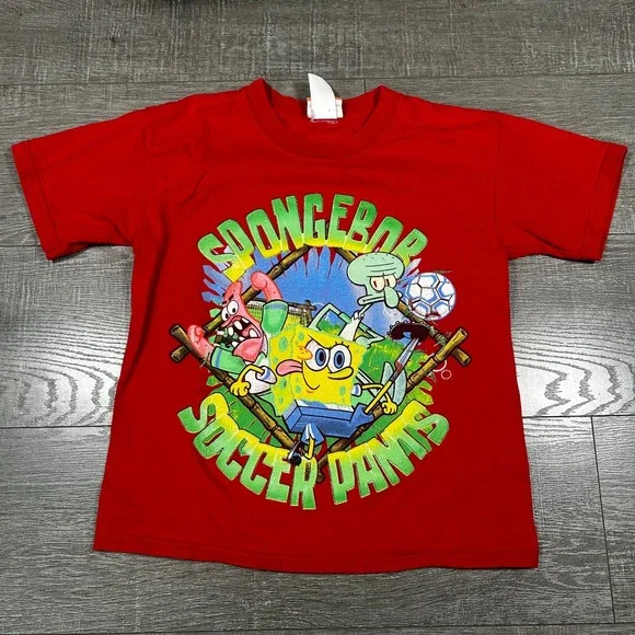 Vintage 2002 Nickelodeon Spongebob SoccerPants Red Graphic T-Shirt Kids Medium